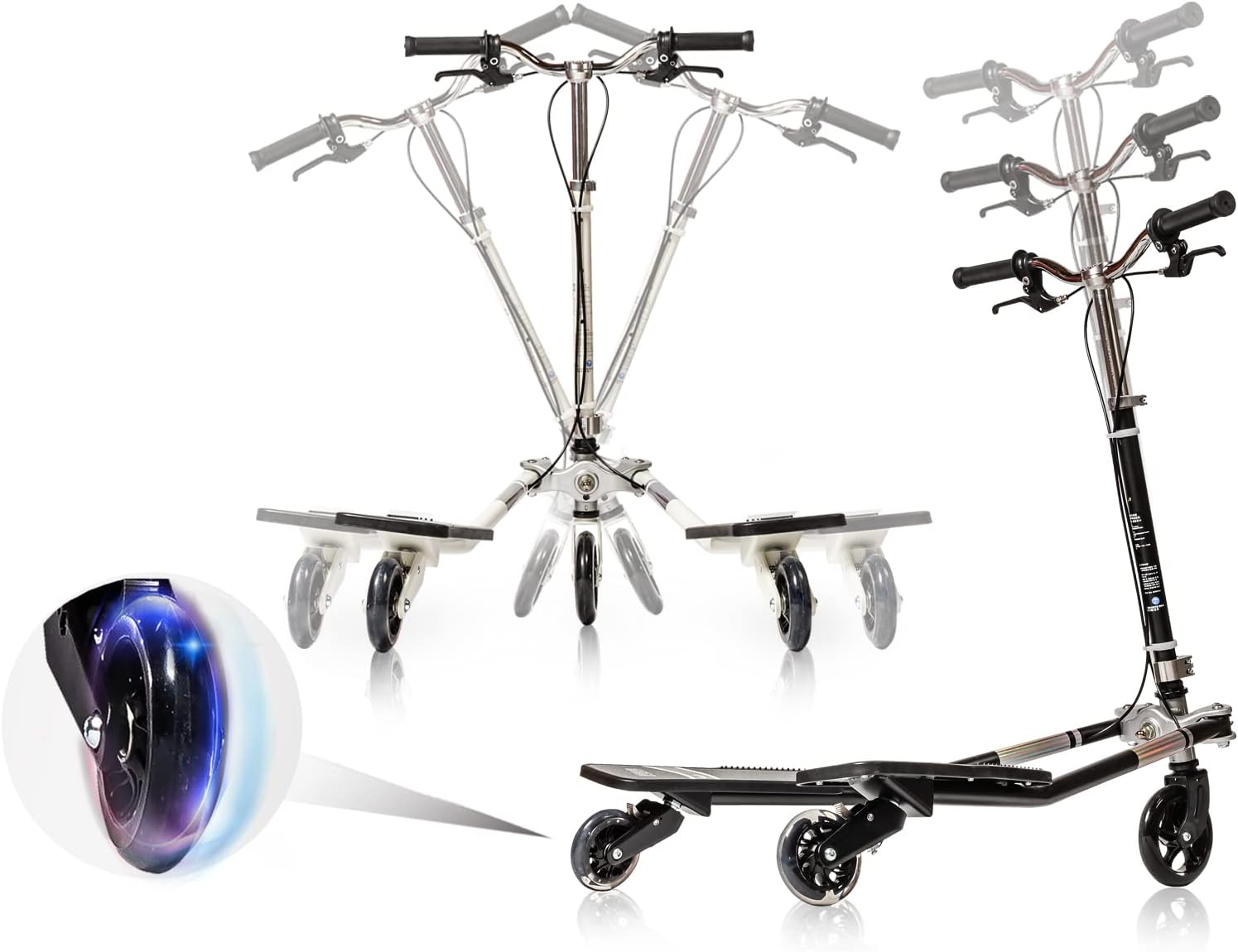 MSKI SEMI Tilting Swing 3 Wheel Y Scooter with LED Flashing Light Wheels Stunt Push Drifting Trick with Adjustable Handle Youth Teen Teenager Adult SKI ON Ground