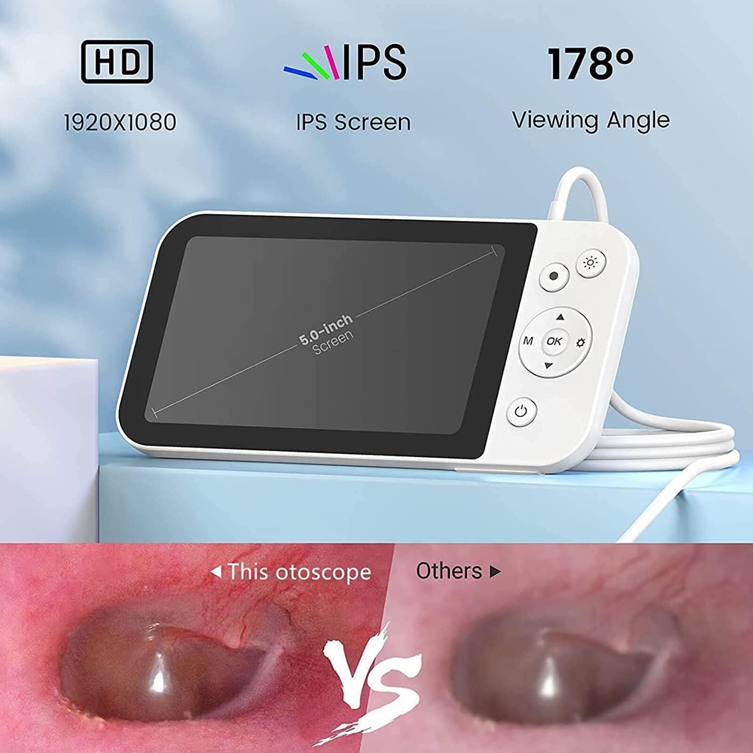 Cámara Otoscopio Digital USB Portátil, Otoscopio de 3,9 Mm con Pantalla de 5 Pulgadas, Pantalla HD 1080P, Limpiador de Oídos, Eliminación de Cera de Oído con Cámara para Niños Y Adultos