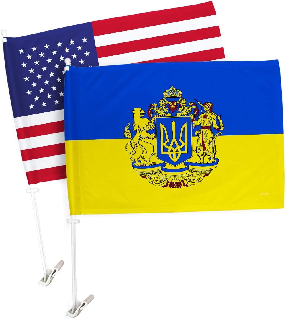 Ukraine Flag for Car American Pack Window Clip Pole Stand with Ukrainian Friendship Banner Decor Bandera de Ucrania para Carros Auto Decorations United States Outdoor Support Україна Gift Made in USA