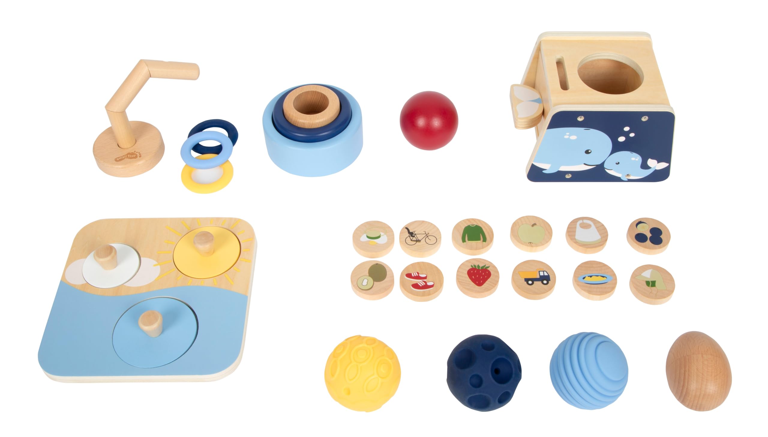 small foot Baby-Box 10-12 Monate, Babyspielzeug Komplett-Set, ab 10 Monaten | Baby Geschenk: 10-12 Monate, Babyspielzeug Set für Jungen & Mädchen mit Stapelturm, Steckspiel & Sprach-Coins aus Holz
