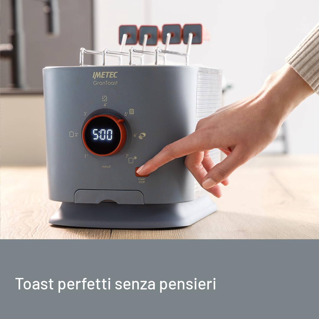 Imetec Grantoast - Tostapane 2 Fette XL con Pinze Apribili per Toast Farciti - 7 Livelli Doratura, Facile Pulizia, Display LED, Griglia Scalda Brioche, Pizzette e Focacce, Timer Digitale, Acciaio Inox