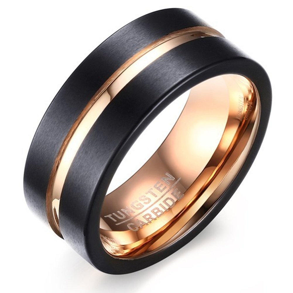 WWorMM 8mm Mens Tungsten Steel Black Rose Gold Handmade Drawing Rings