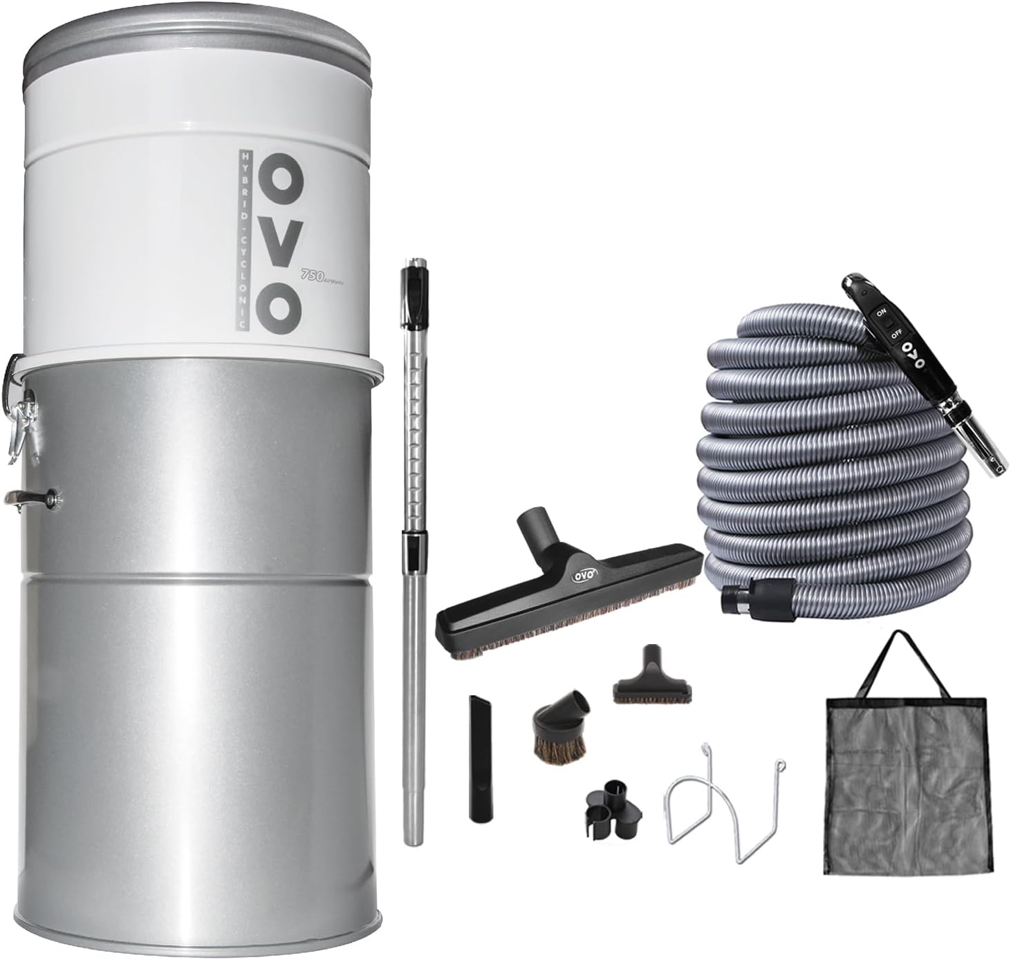 OVO 750 Airwatts Heavy Duty Powerful Central Vacuum System, Hybrid Filtration (with or Without Disposable Bags) 35L or 9.25Gal Bottom Load Dust Bin