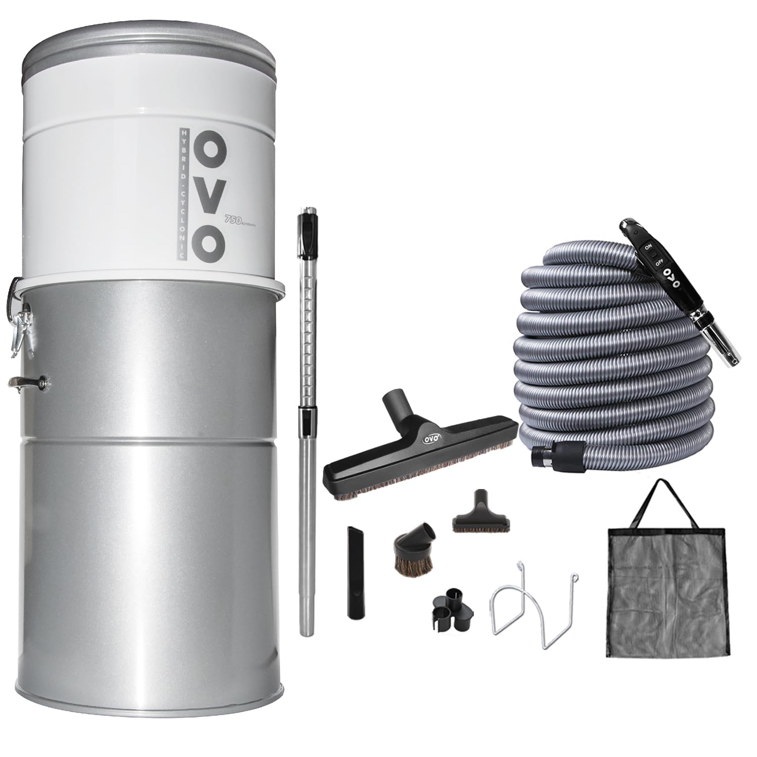 OVO Heavy Duty Powerful Central Vacuum System, Hybrid Filtration (with or Without Disposable Bags) 35L or 9.25Gal, 750 Airwatts with 35ft Deluxe Accessory kit Included