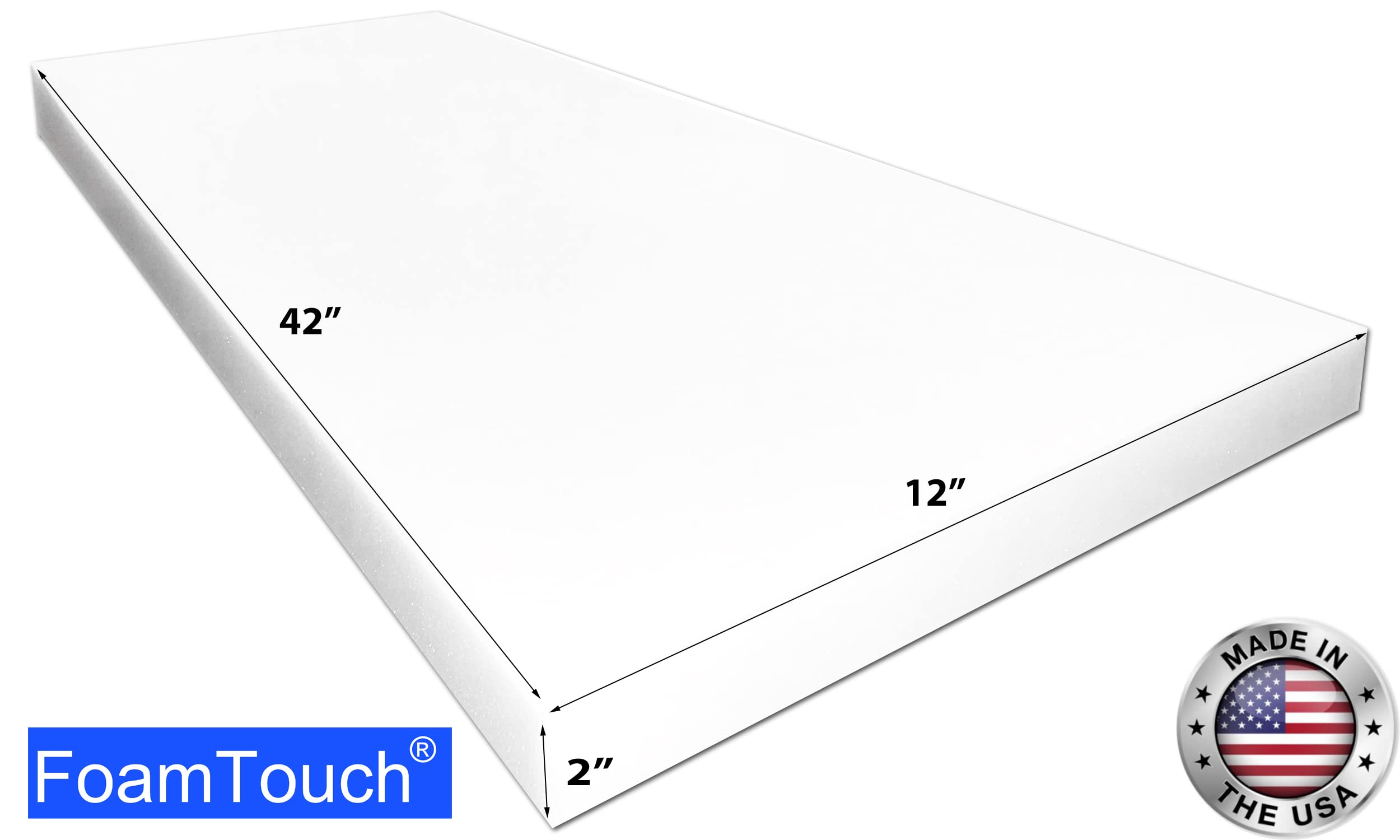FoamTouch Upholstery Foam Cushion High Density 2'' Height x 12'' Width x 42'' Length Made in USA