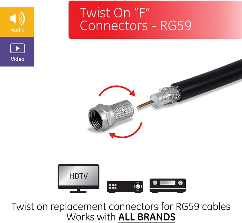Exclusive Discount 60% Price GE 100-Pack RG59 Twist-On F Connectors, F-Type Connectors, Replace Broken Connectors and Assemble RG59 Cables, No Tools Required, with Resealable Bag, 51220
