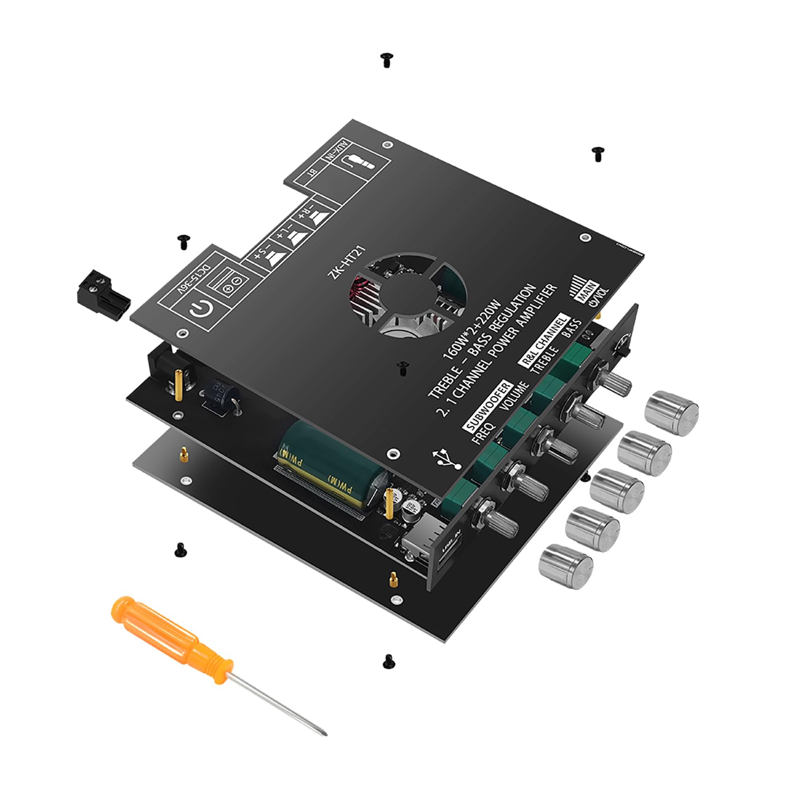 LICAEVEY Moduł Wzmacniacza Audio 2.1 kanał, Płytka Bluetooth 5.0, (ZK-HT21)
