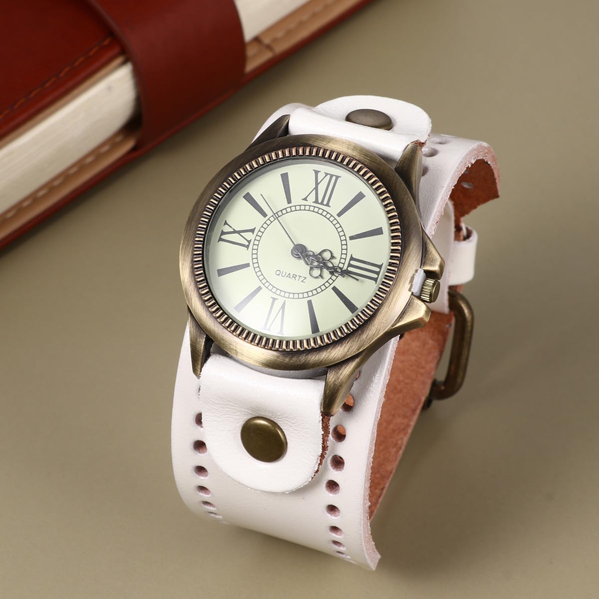 3piezas Reloj De Pulsera Retro para Mujer De Piel De Vacuno Estilo Vintage Diseño Elegante Movimiento De Cuarzo Preciso para Navidad Ocasiones Especiales