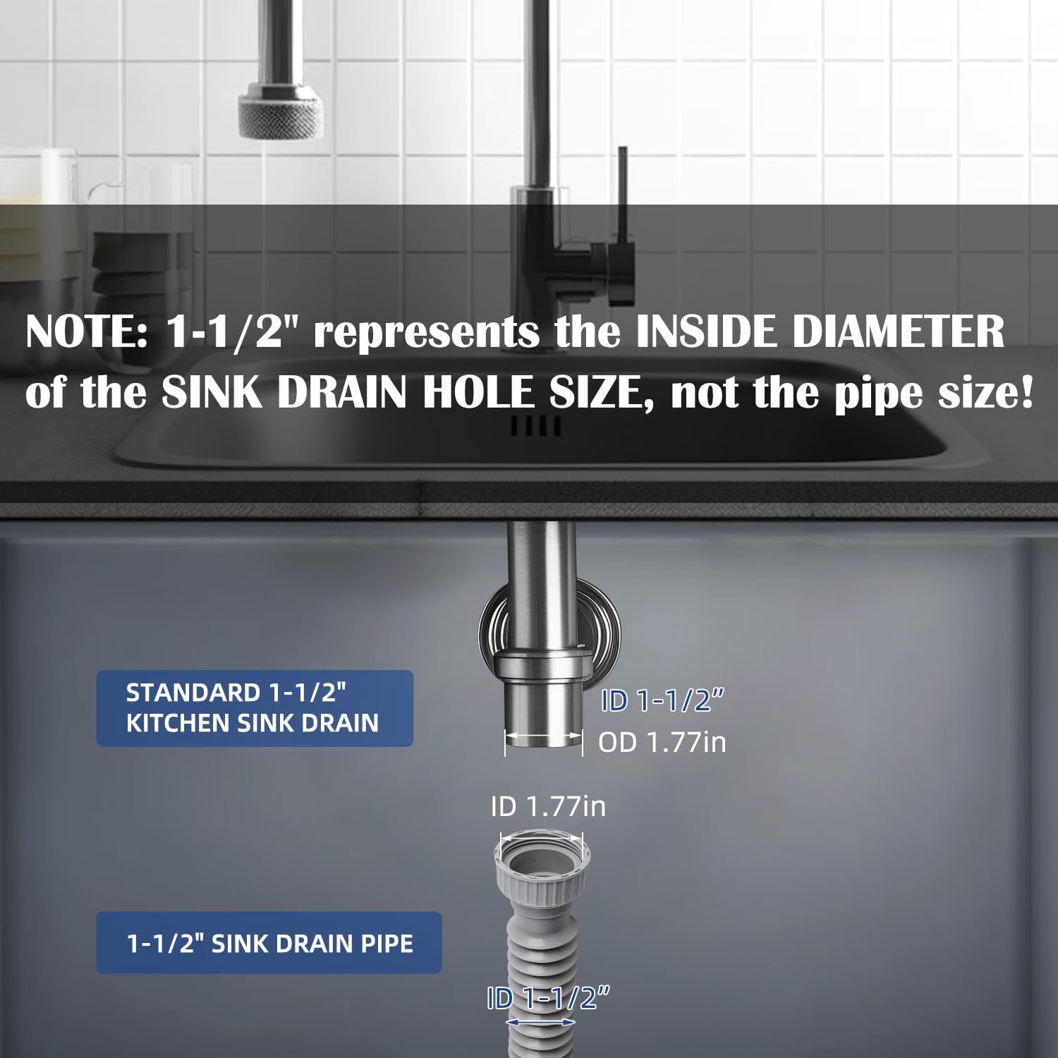 iFealClear 2 Pack P-Trap Drain Pipe, Flexible Sink Drain Pipe with 4 Rubber Sealing Rings, Expandable 11"-34.5" P Trap Tube Fits 1-1/2'', 1-1/4'' Holes for Kitchen, Bathroom, Garbage Disposal, Gray