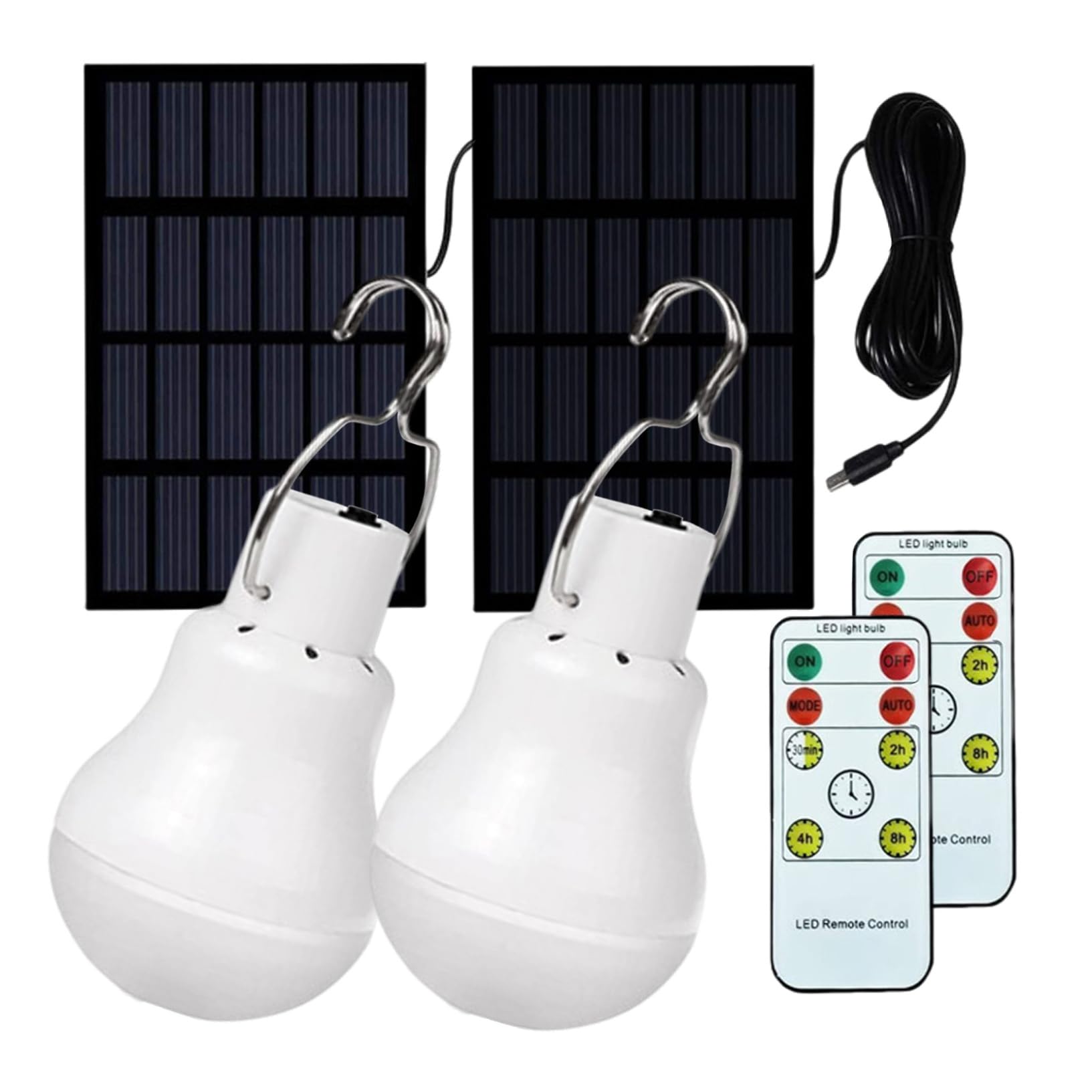 Linternas eléctricas, luces de bombilla solar para jardín al aire libre, 2 piezas de luces solares portátiles con panel y control remoto, bombillas recargables USB con gancho para emergencia, camping