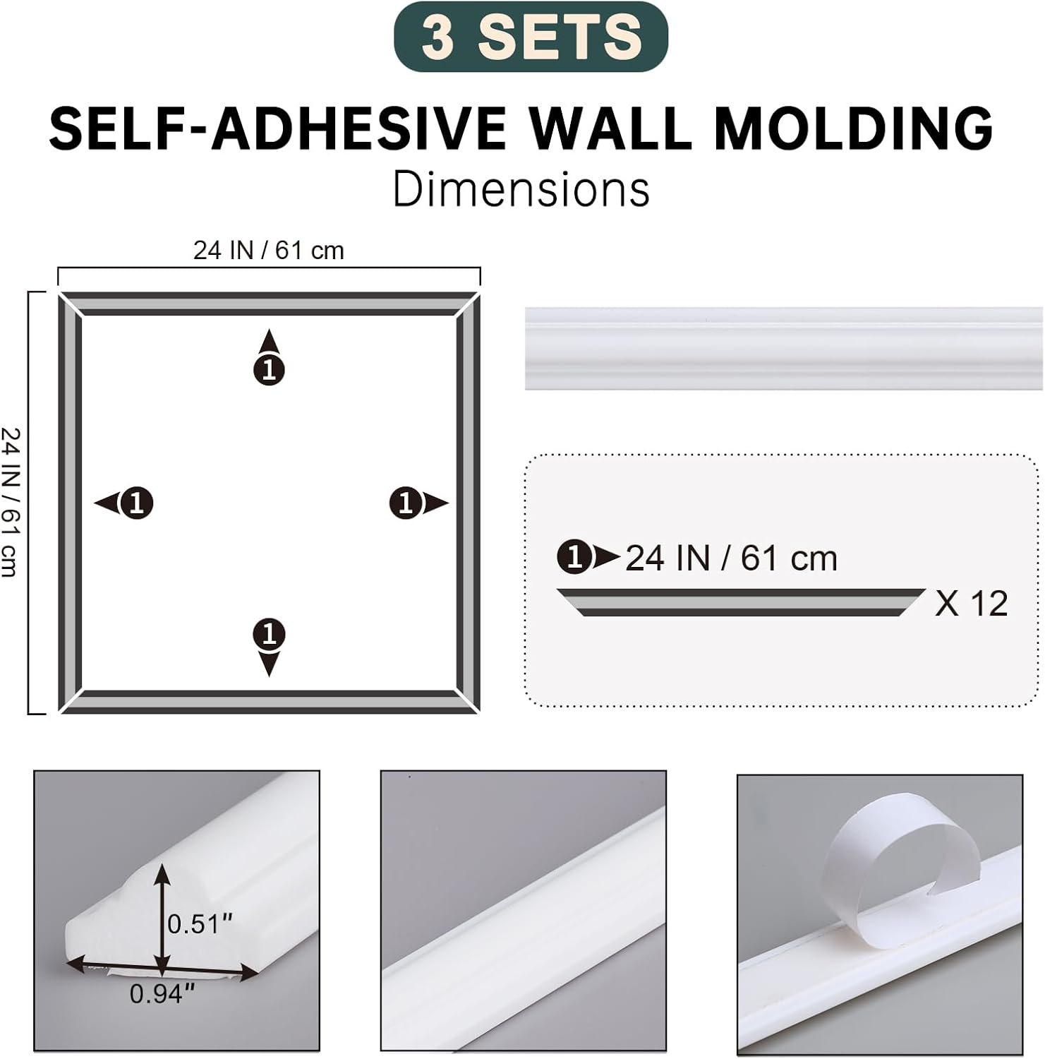 Melkus Peel and Stick Wall Molding Kit, 3 Sets 24" x 24" Precut Wainscoting Panels, Self Adhesive Molding Trims for Interior Wall Décor