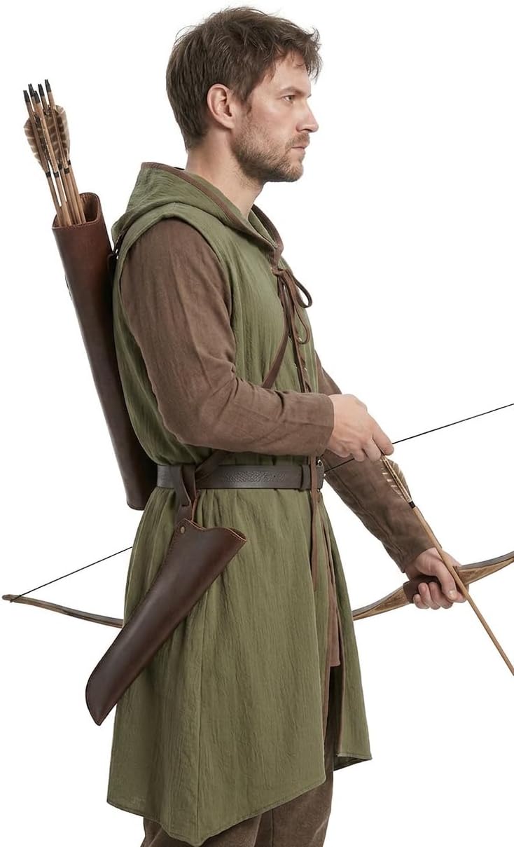 JEGERMIG Medieval Hooded Surcoat Sleeveless Tunic with Belt Renaissance Costume Ren Faire Outfit Knight Viking