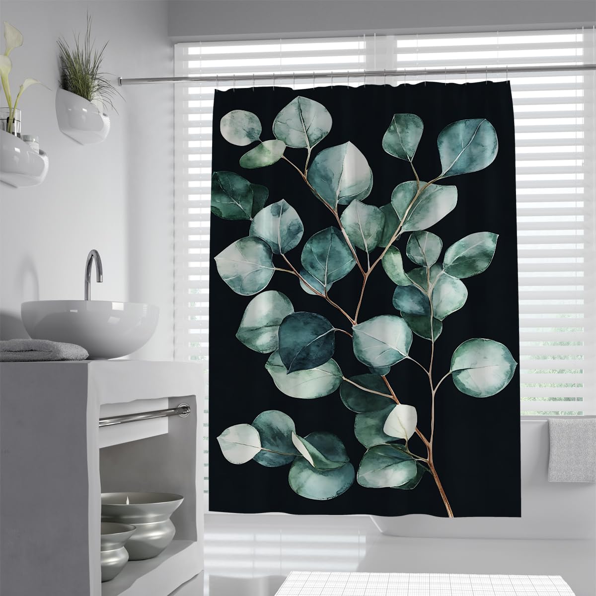 UIRINGART Vibrant Dark Teal Eucalyptus Foliage Shower Curtain W200xL240cm Tropical Botanical Tree Leaves Polyester Water Repellent Mildew Resistant Bathroom Curtain With Hooks