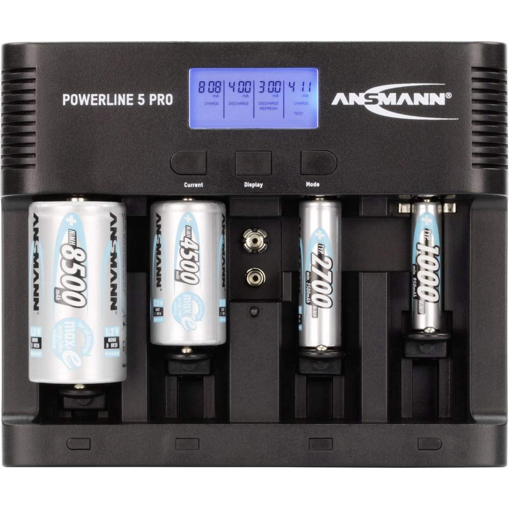 ANSMANN Cargador universal de baterías Powerline 5 PRO - Para 1-4 baterías AAA/AA C D y 9V - Estación de carga con puerto USB y multifunción