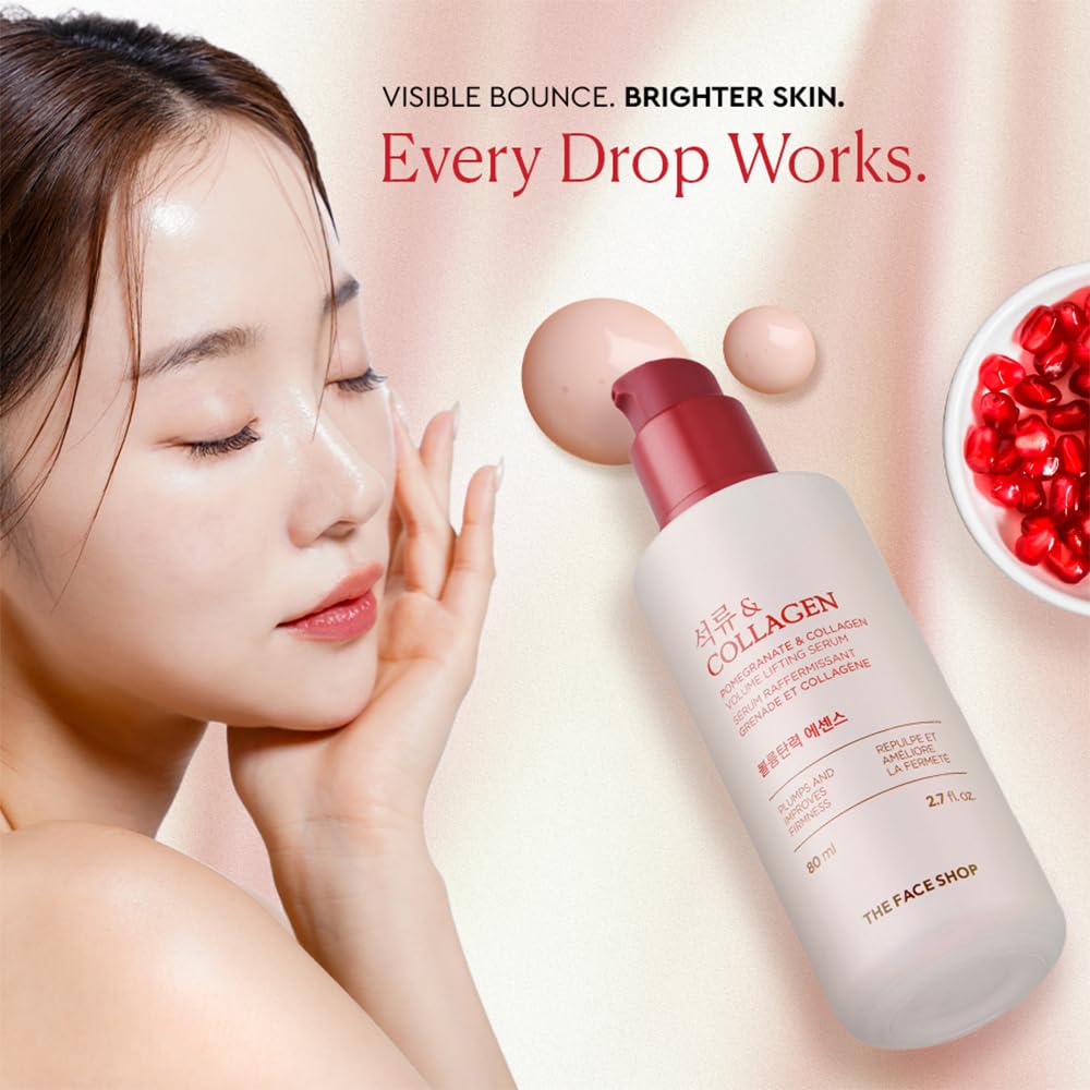 The Face Shop Pomegranate & Collagen Volume Lifting Serum - Helps Skin Look Firm & Supple - Reduces Fine Lines & Wrinkles - Improves Elasticity - Hydrating Lightweight Face Serum - Korean Skin Care