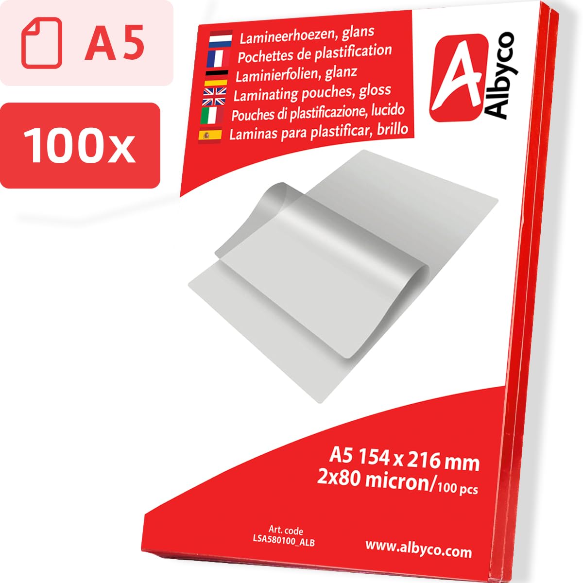 Albyco - Fundas Plastificar A5-2x80 (160) Micras - 100 Piezas - Película de Laminación, Plastificadora, A5 Hojas Plastificar - Brillante - Transparente