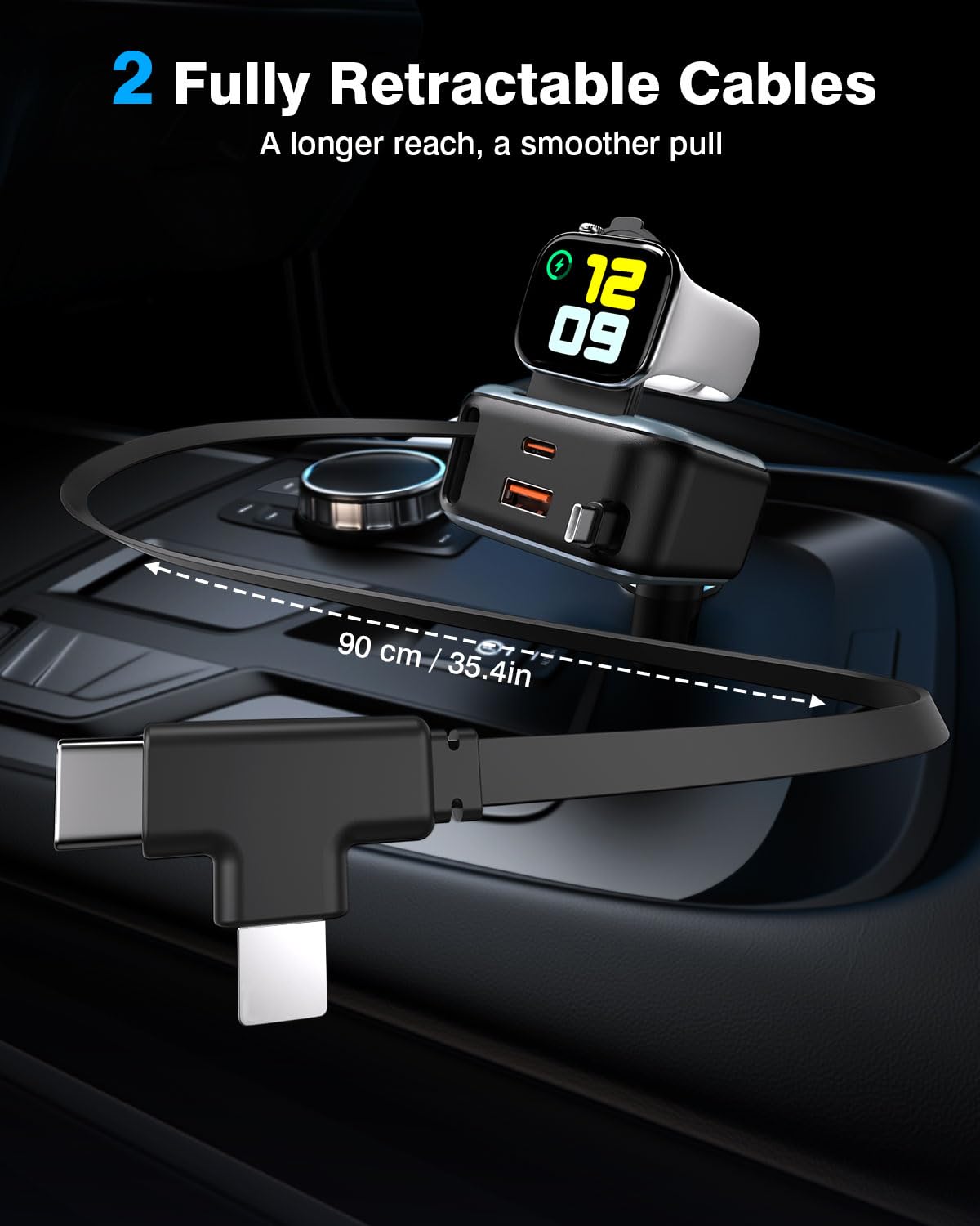 6 in 1 Retractable Car Charger, 100W USB C + USB A Fast Charging for iPhone 17/16/15/14/13/12/11, iWatch, Android, Travel Essentials Car Accessories, Gift for Men & Women (Grey) - 5