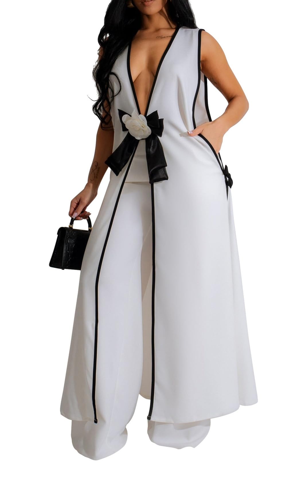 bokitecao Womens Sleeveless Suit Vest Dress Wide Leg Pants Business Casual Blazer Set Multi Pockets Overalls-picture-44