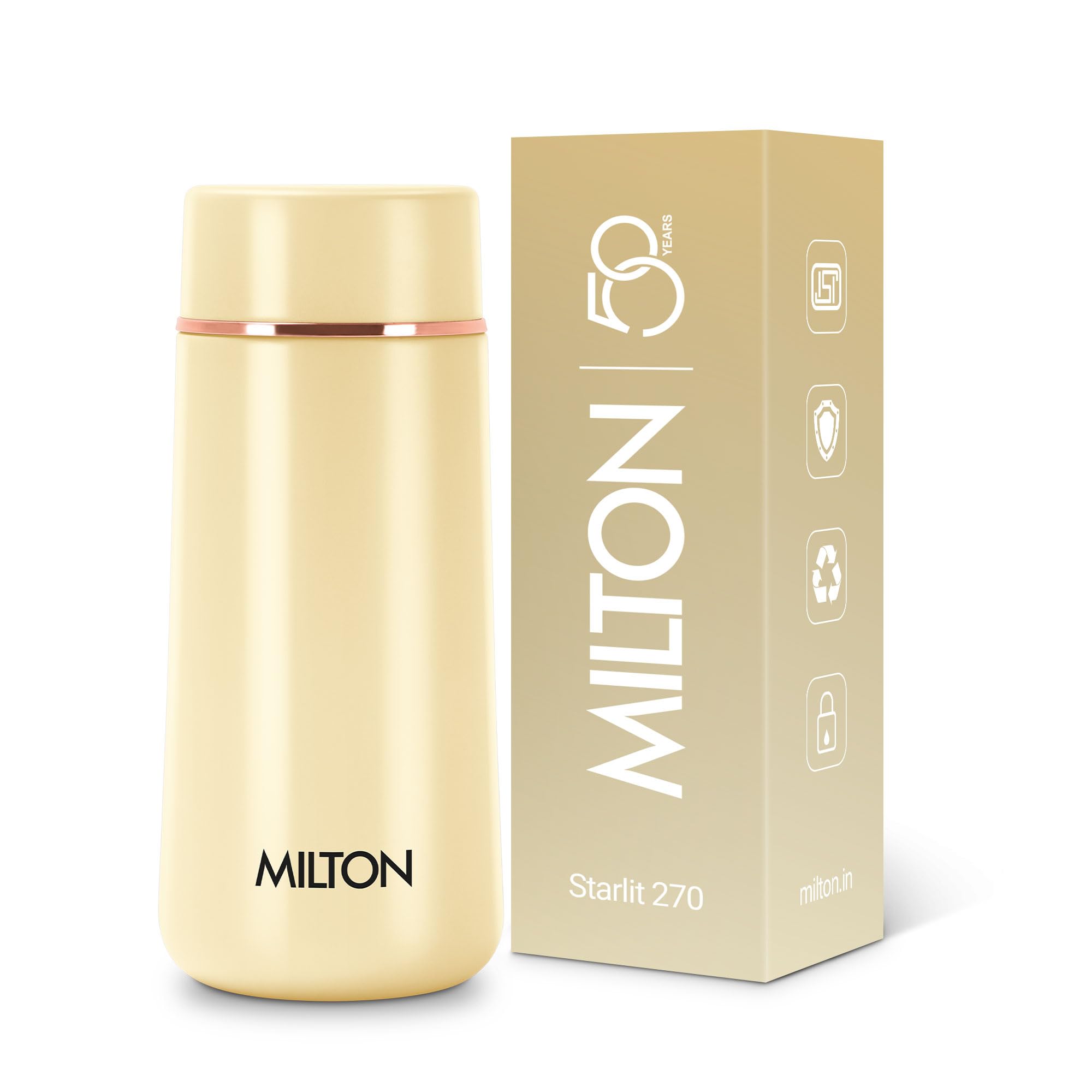 Milton Starlit 270 Thermosteel Compact ISI Certified Water Bottle, Vacuum Insulated Hot and Cold I SS304 Stainless Steel, Leak Proof I 260 ml, Ivory