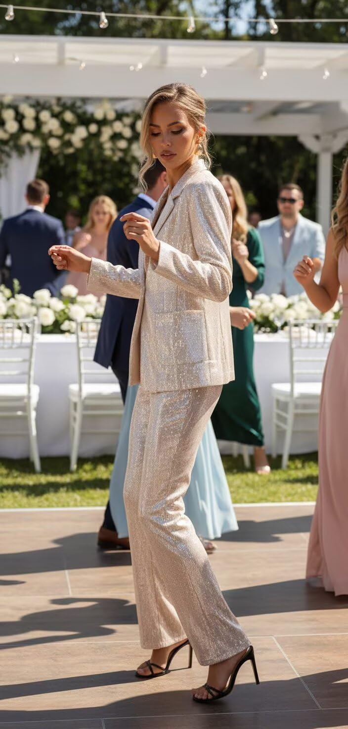 Sequin Pants Suit for Women Dressy V Neck 2 Piece Suit Set Sparkly Blazer and Flared Pants Formal Party Outfits