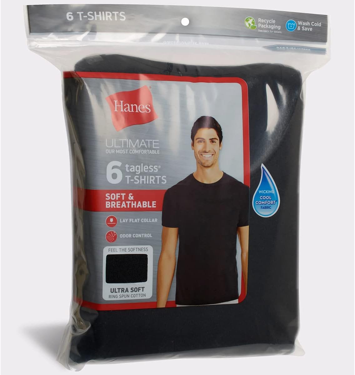 Hanes Men's Ultimate Soft and Breathable Crewneck Undershirts, 6 Pack Black L - Image 3