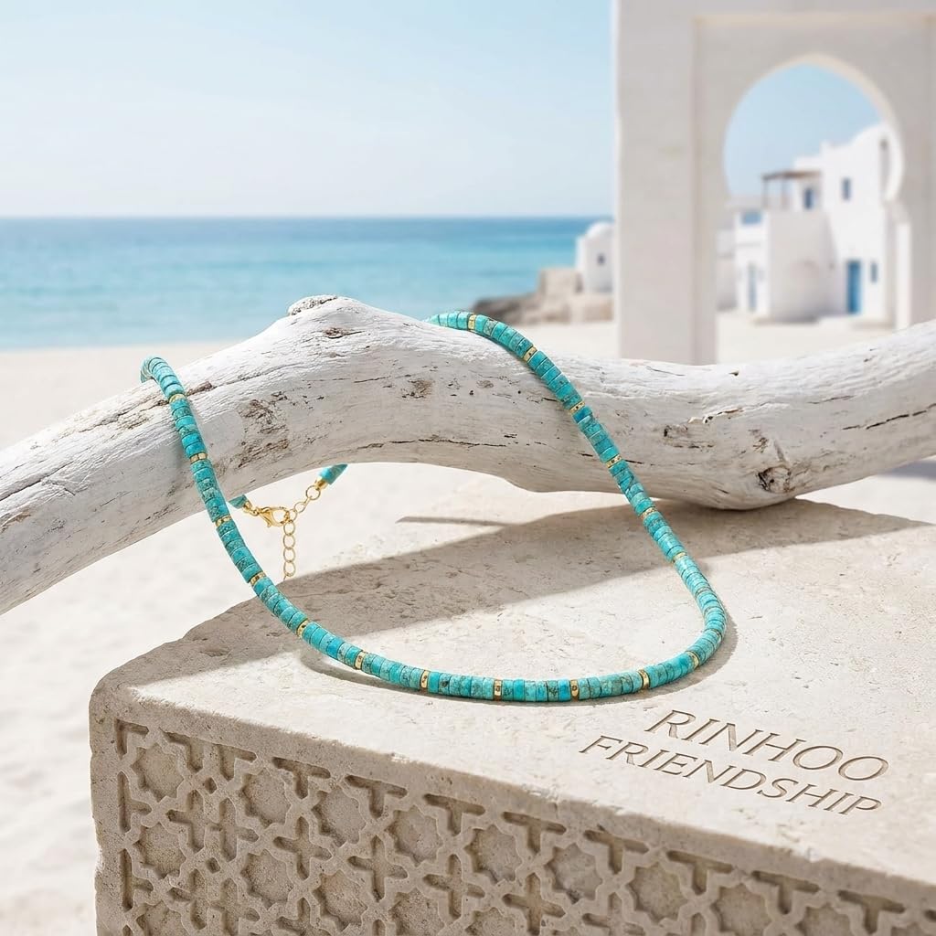 Turquoise Beaded Choker Necklace for Women, 14K Gold Plated Natural Gemstone Crystal Choker, 16"+2" Adjustable Western Boho Summer Beach Jewelry Gift