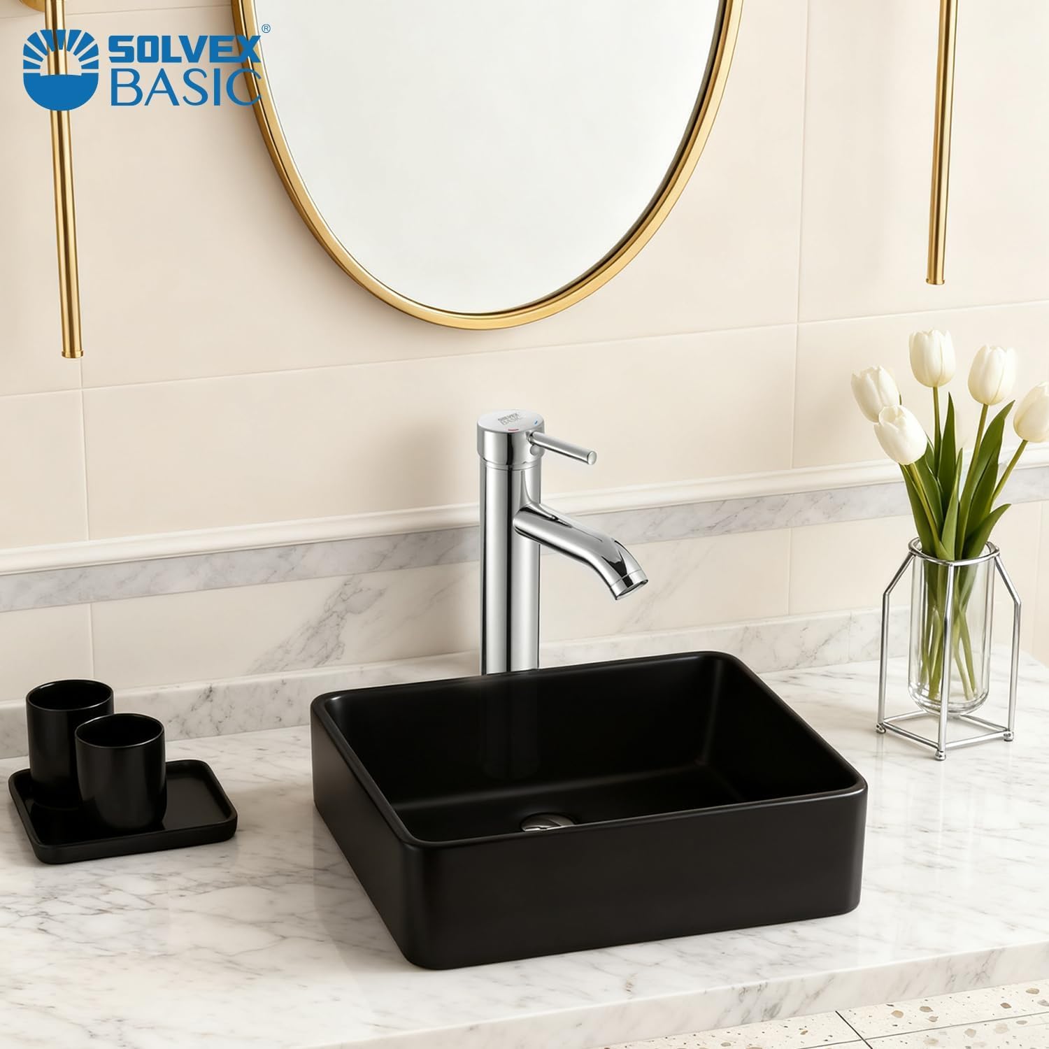 SOLVEX Grifo Alto Lavabo, Grifo Monomando lavabo Caño, Grifos para Lavabos de Baño Acero Inoxidable Cromado, Grifo de Lavabo, Agua Fria y Caliente Disponible, SF-11801