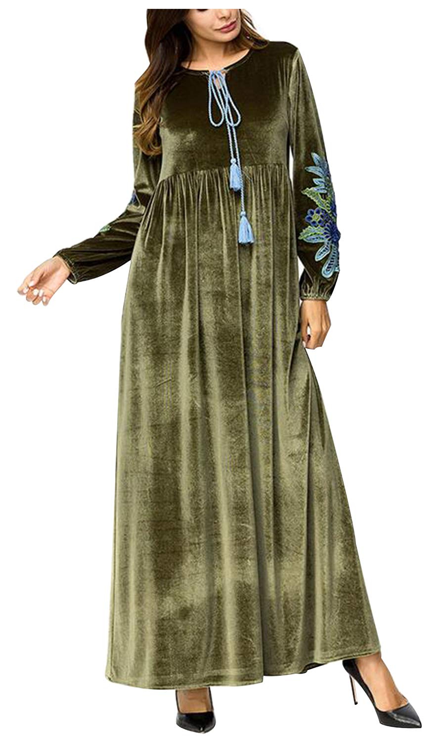 BotanmuWomen's Abaya Dress Tunic Long Sleeve Round Neck Maxi Velvet Dress Blue/Pink/Green/Wine Red (Green, One size)