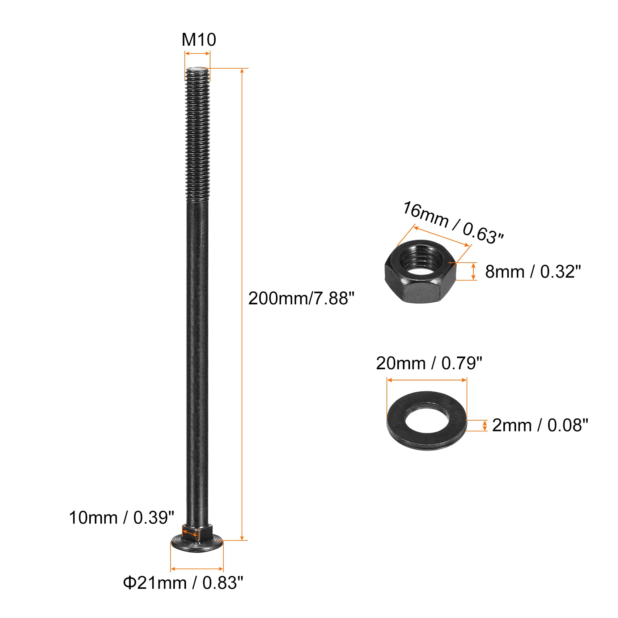 QUARKZMAN M10x200mm Bulloni A Testa Tonda Con Collo Quadrato Con Dadi E Rondelle, 12Set 304 Acciaio Inossidabile Bulloni A Testa Tonda Con Collo Quadrato, Nero