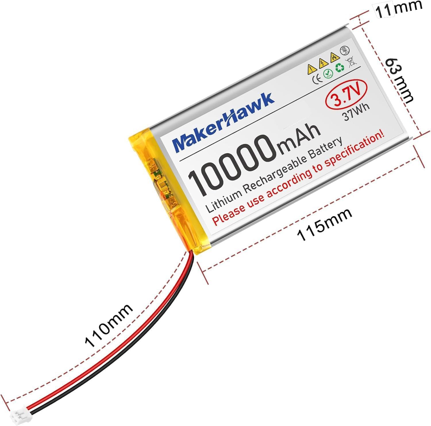 MakerHawk 3.7V 10000mAh LiPo Battery Rechargeable 1S 3C Lithium Polymer Batteries with Protection Board Insulated Rubber Tape, PH2.0 Plug for Arduino ESP32 Board RPI UPS (2 Pack)