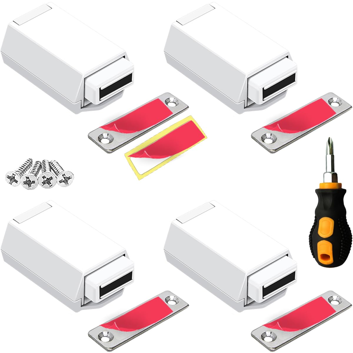 Magnetic Push to Open Cabinet Hardware CBRIVE 4 Pack Heavy Duty Push Latch &amp; Lock for Hidden Door Touch Latches and Catch Magnet Push Release Drawer Pull Tip on RV Closet Close Strong Pop Out, White
