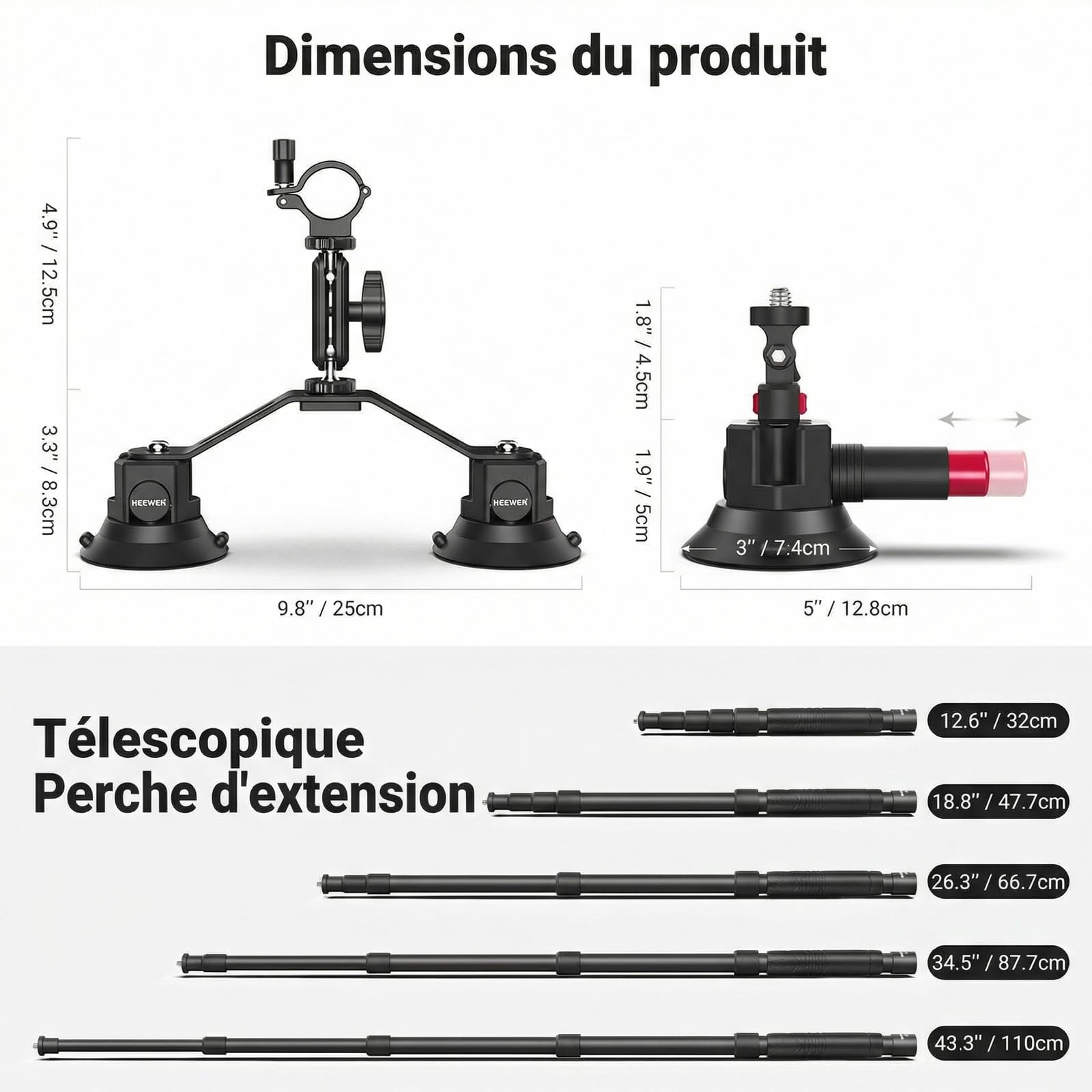 NEEWER Kit de Support Triple Ventouse Camera Voiture avec Perche d'Extension 2 en 1, Libération Rapide, Bras Magique pour Action Caméra, Fixation Triple Ventouse Compatible avec GoPro Insta360, CA065