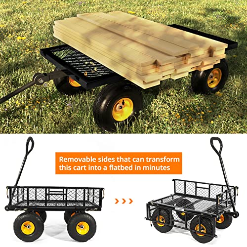 Yardsam Steel Garden Carts, Heavy Duty 400Lbs Utility Wagon Cart With Removable Mesh Sides, Flatbed Convert, Flexible Handle, 10'' Tires, Pvc Liner, For Outdoor, Lawn, Yard, Farm, Black #TOP3