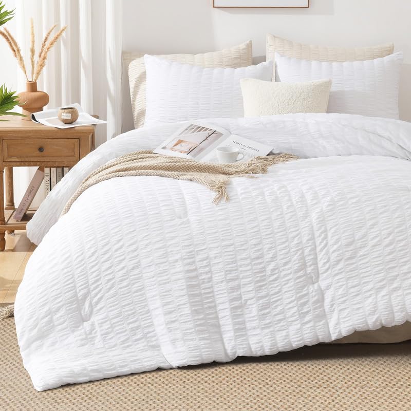 Image of AveLom Seersucker King Comforter Set (104x90 inches), 3 Pieces - 100% Soft Washed Microfiber Lightweight Comforter with 2 Pillowcases, All Season Down Alternative Comforter Set for Bedding, White