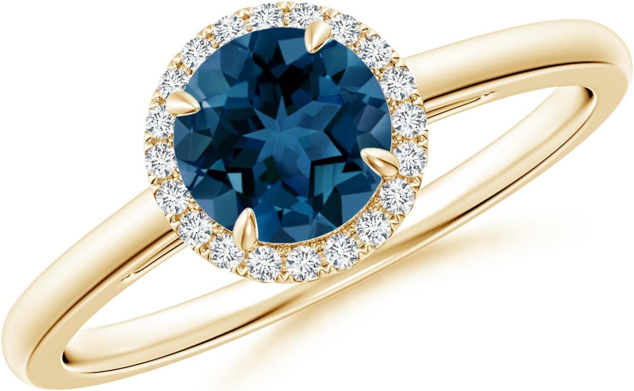 Angara Natural London Blue Topaz Ring for Women | Round London Blue Topaz Cathedral Ring with Diamond Halo in 14K Solid Gold/Platinum | December Birthday, Gemstone Jewellery Gift