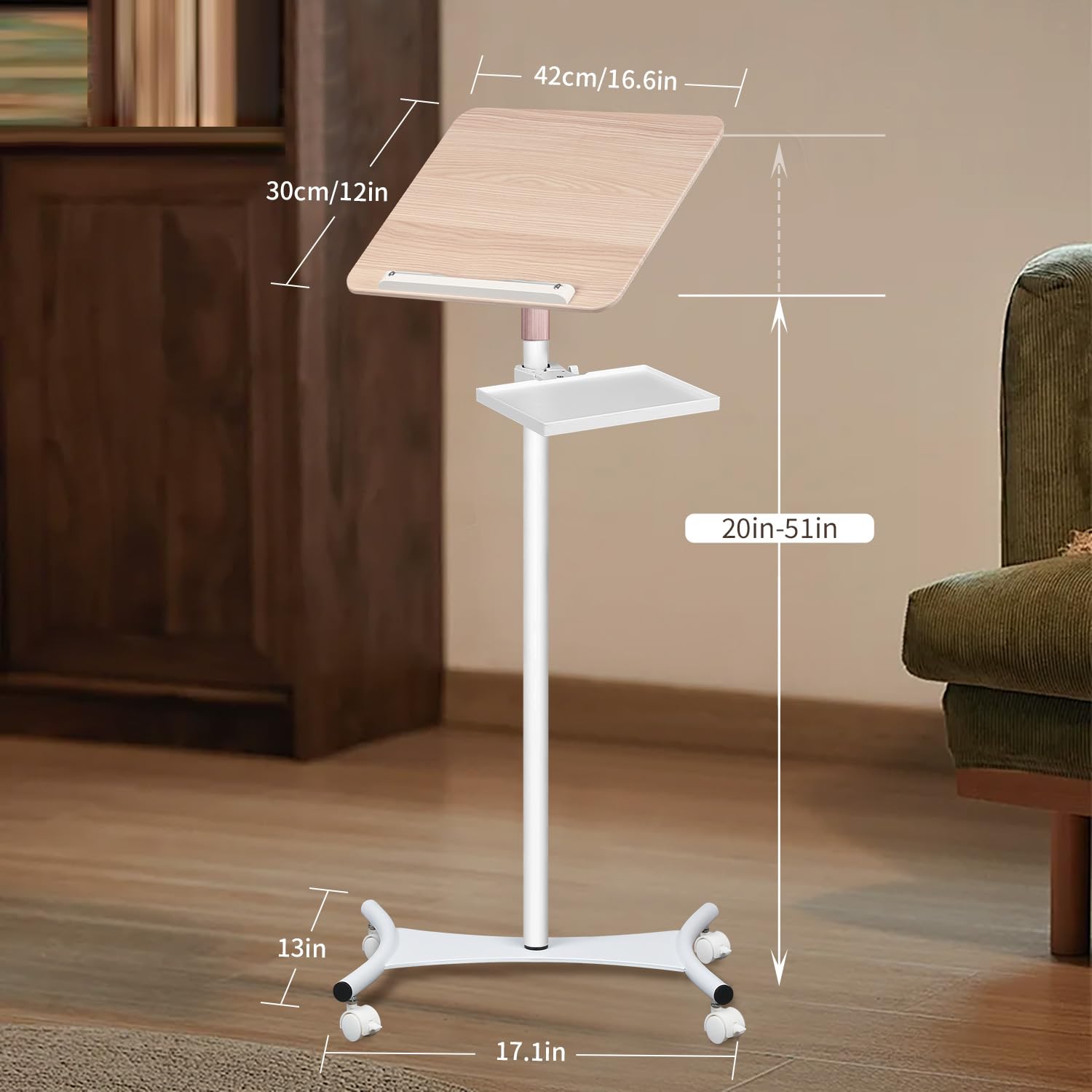 Standbuchständer für den Boden/Schreibtisch, Massivholz, Notenständer für Notenblätter mit Tablett, 4 abschließbare Rollen, Leseständer mit Seitenclips, Höhe von 50,8–129,5 cm, für Laptops