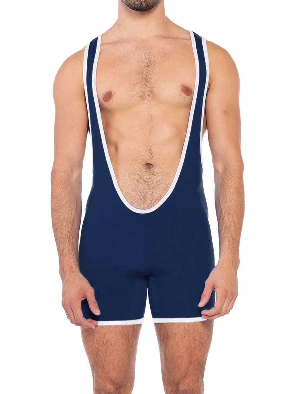 Muscle Alive Men Fitness Athletic Deep Scoop Wrestling Singlet Sports Bodysuit Jumpsuits Navy Blue S