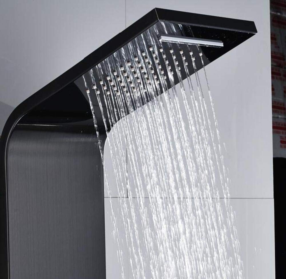 Baño termostático Grifo de ducha Panel de ducha Columna Bañera Mezclador Grifo con ducha de mano con estante 5 funciones-Negro