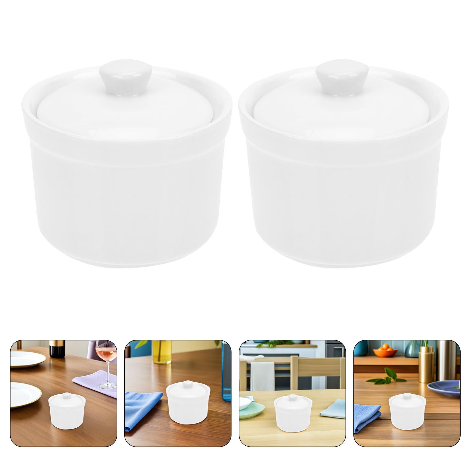 Ensemble de 2 Bols en Céramique Blanche avec Couvercles, 380ml, Résistants aux Éclats, Compatibles Lave-vaisselle, pour Préparer des Bouillons Riches