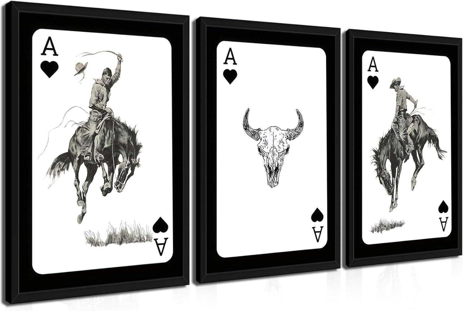 AKWISH Framed Western Cowboy Canvas Wall Art Set of 3 – Playing Card Bull Skull Print Posters, Trendy Western Rodeo Riding Wall Decor, Rustic Cowboy Artwork for Living Room Bedroom Office – 12x16in