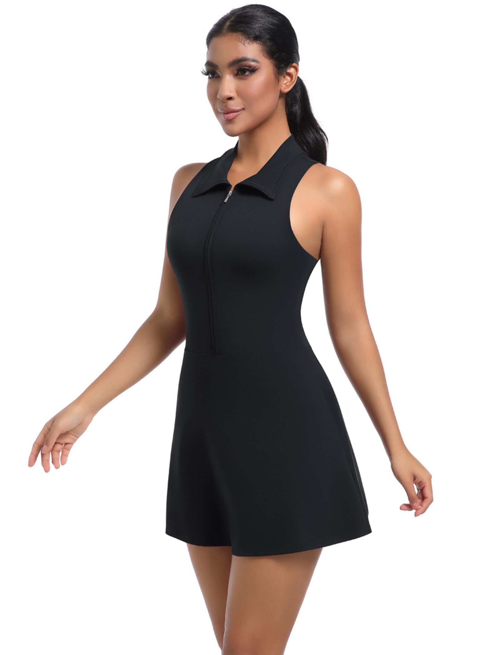 AGYMNX Robe Femme Tennis sans Manche Polo Golf Robe Casual A-Line Plissé Zip Ensemble Vêtements Sport