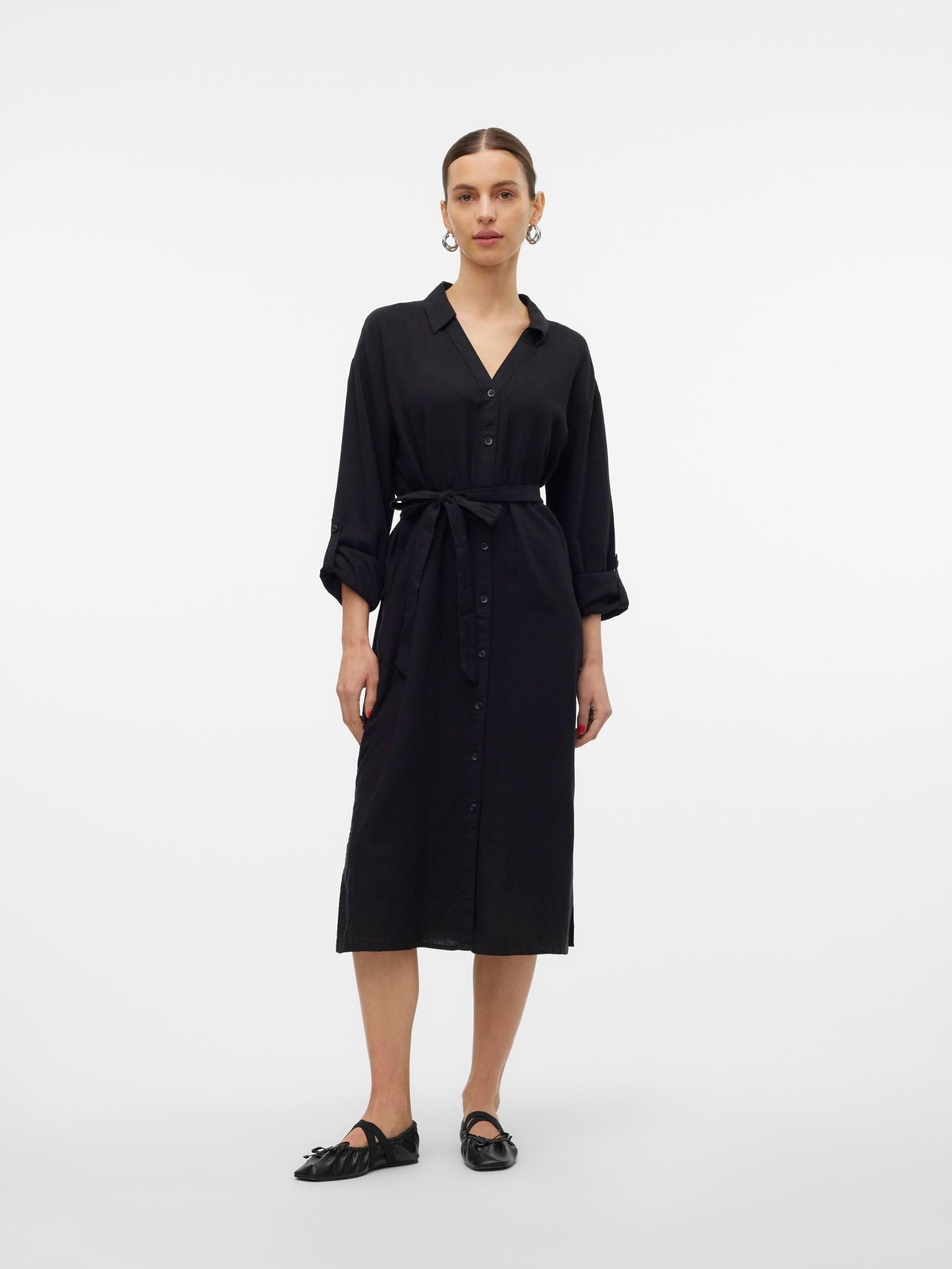 Vero Moda Vmlinn Linen WVN Noos T-Shirt Ample en Mollet Robe Chemise Femme