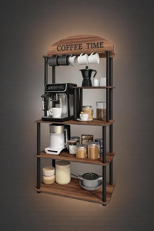 Coffee Time Çok Amaçlı Dolap & Kahve Köşesi – Retro Tasarım, Parlak Beyaz & Safir Meşe, MDF Gövde, Demonte Kurulum, Kahve Makinesi ve Bardak Düzenleyici (Ceviz)