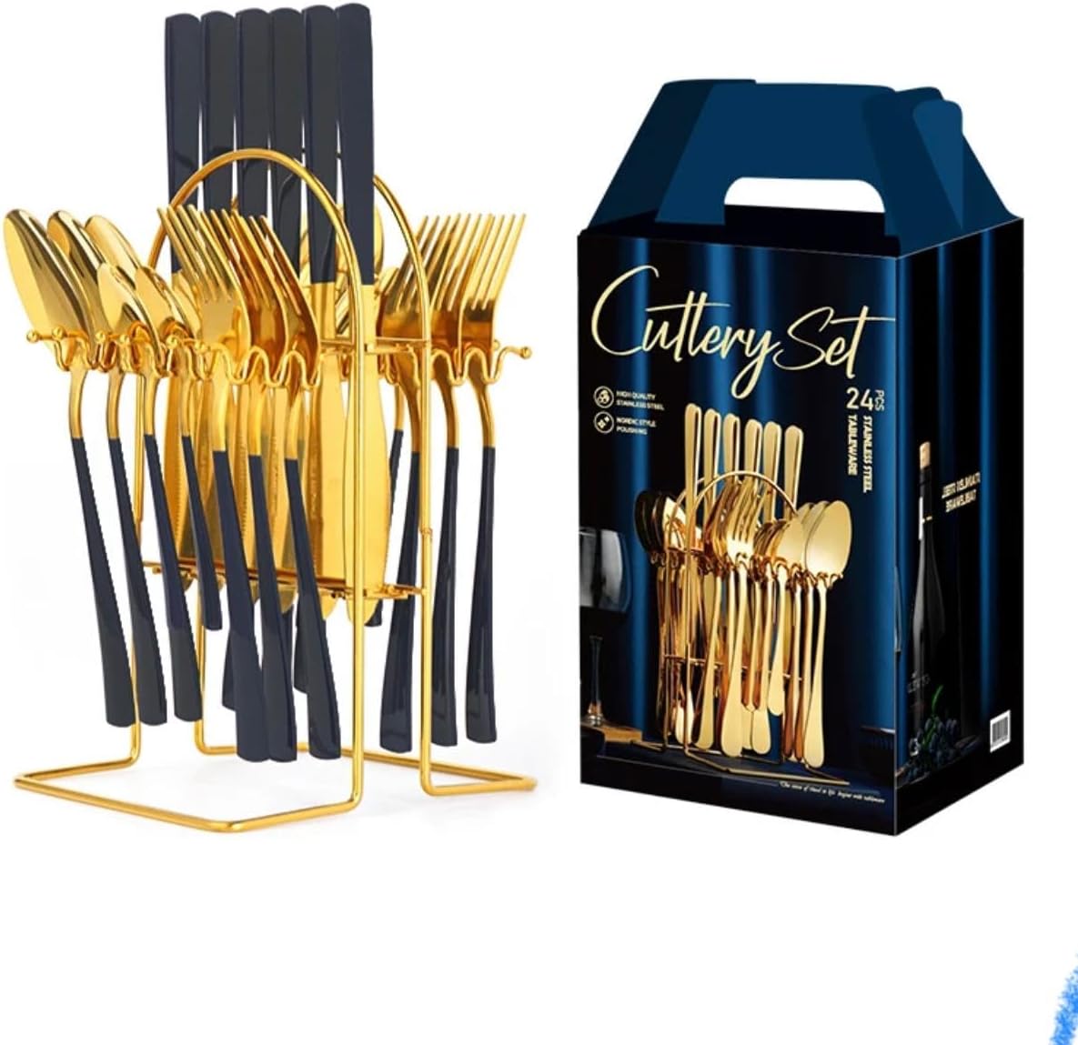 24Piece Gold Blue Cutlery Set Mirror Polished Gold Stainless Steel Cutlery Set with Holder