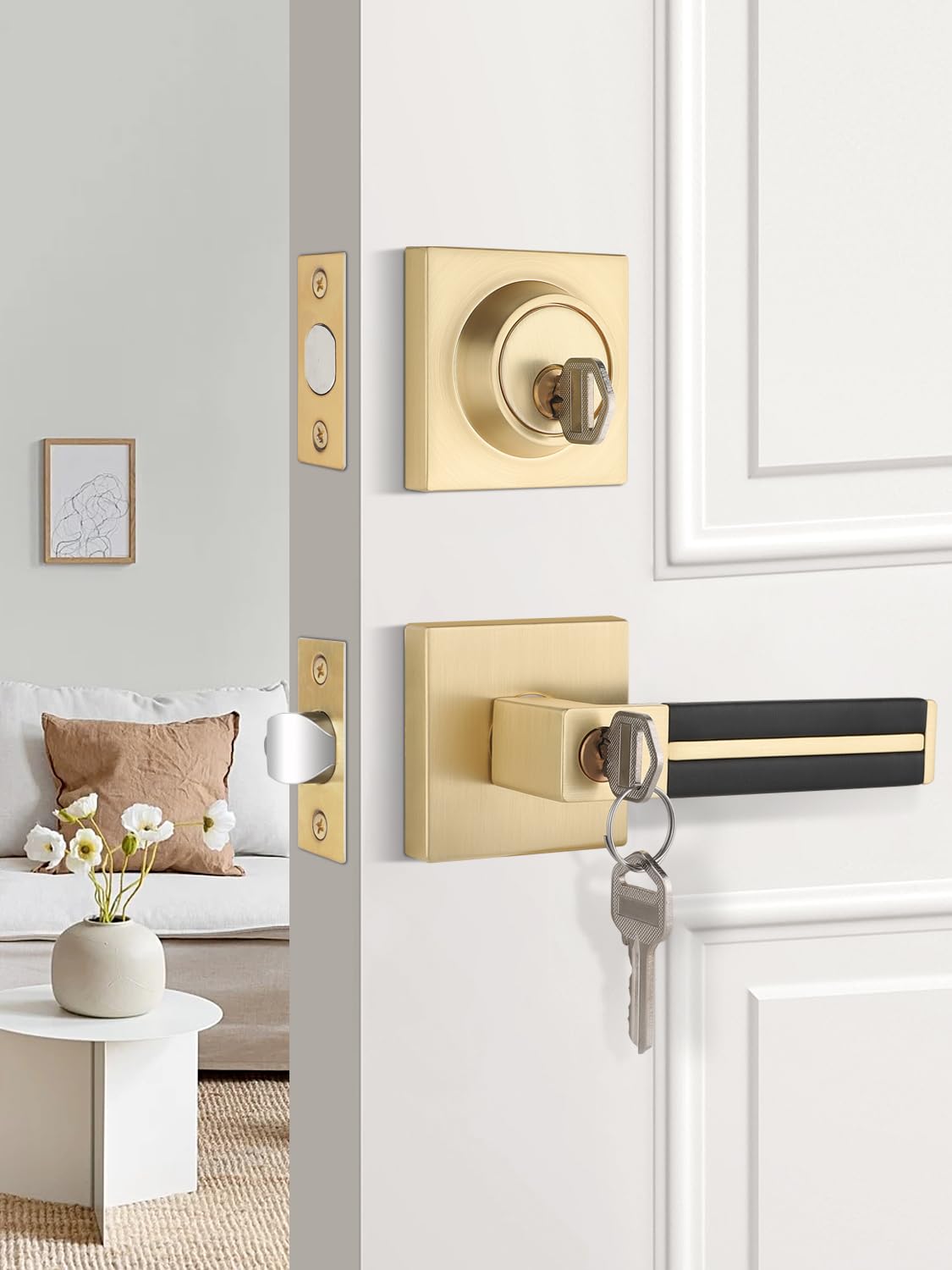 EHOMEWARE Interior Door Handle in Satin Brass Finish, 3 Pack Gold Door Knobs with Single Deadbolt, Black Leather Door Lever, Heavy Duty Door Handles with Key, Left/Right Reversible