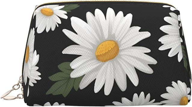 White Daisy Makeup Bag for Women Cosmetic Bags Leather Travel Makeup Case Organizer Waterproof Make up Pouch Open Flat Toiletry Bag Portable Storage Pouch for Travelling