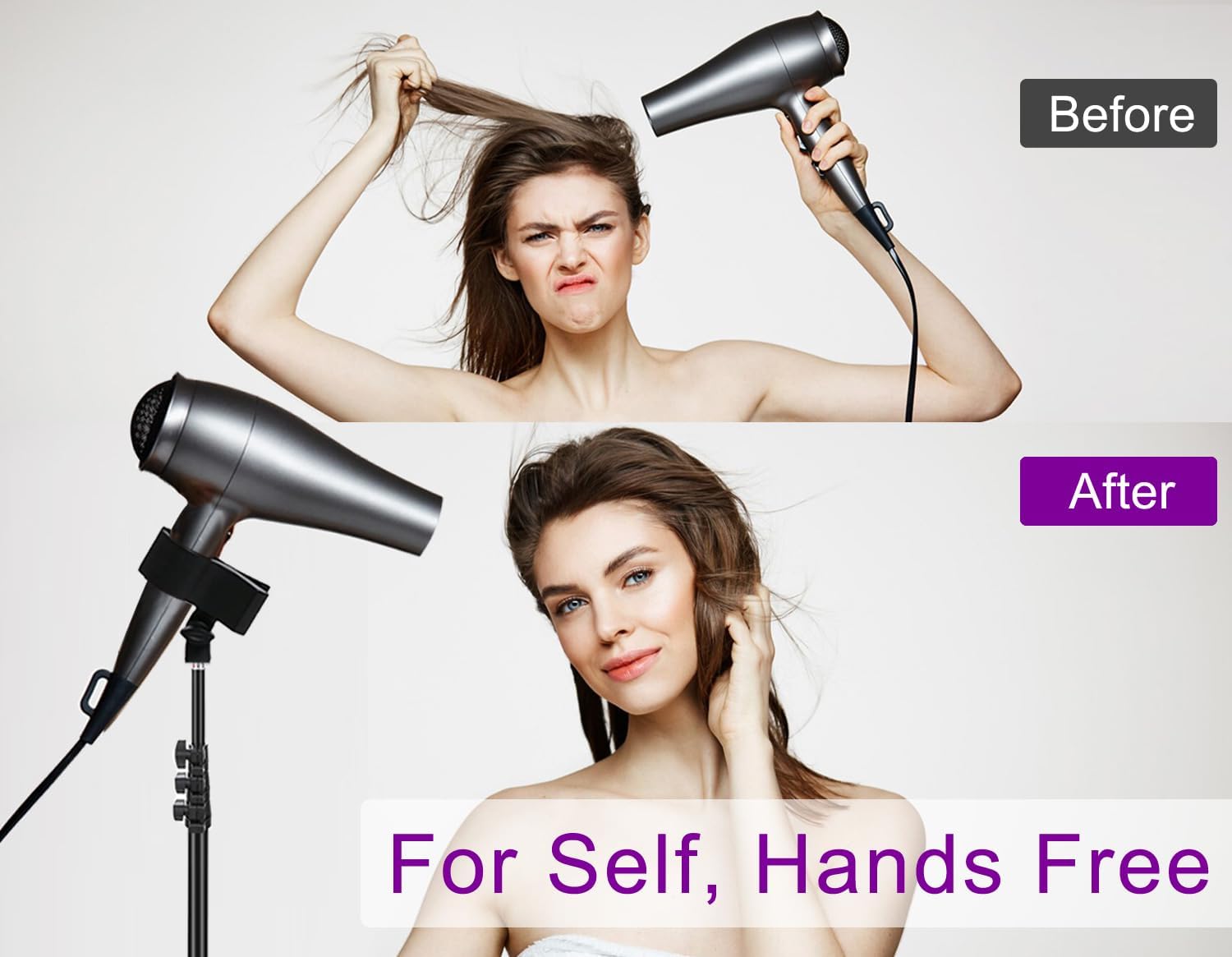 Purple River Hair Dryer Stand 20" to 63" Adjustable Blow Dryer Holder with Tripod and Universal Clip, Easy to Use, Hands Free Relieve Wrist Pain, Shoulder Periarthritis etc (Black)