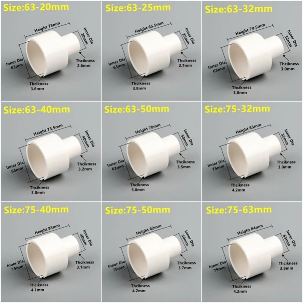 1 conector reductor recto de PVC duradero de 63 x 20 mm a 90 x 75 mm para riego, acuarios y jardines, fácil de instalar (azul, 63 x 32 mm)