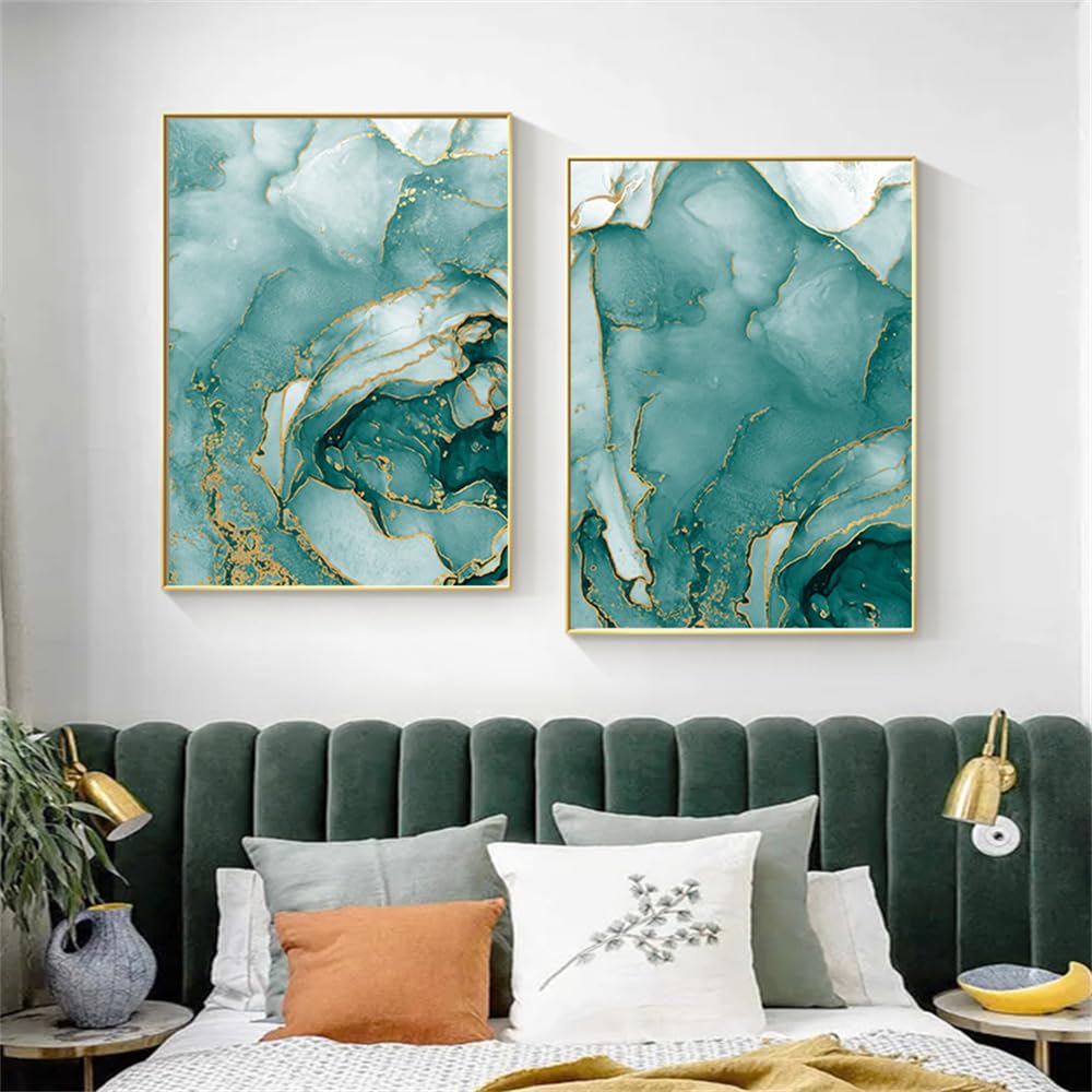 Wuhbcz Multicolored Art Decor,Abstract Green Gold Marble Textures Posters Wall Art Canvas Painting Print Pictures Living Room Bedroom Kitchen Office Home Decoration-30 * 50Cm*2Pcs (No Frame)