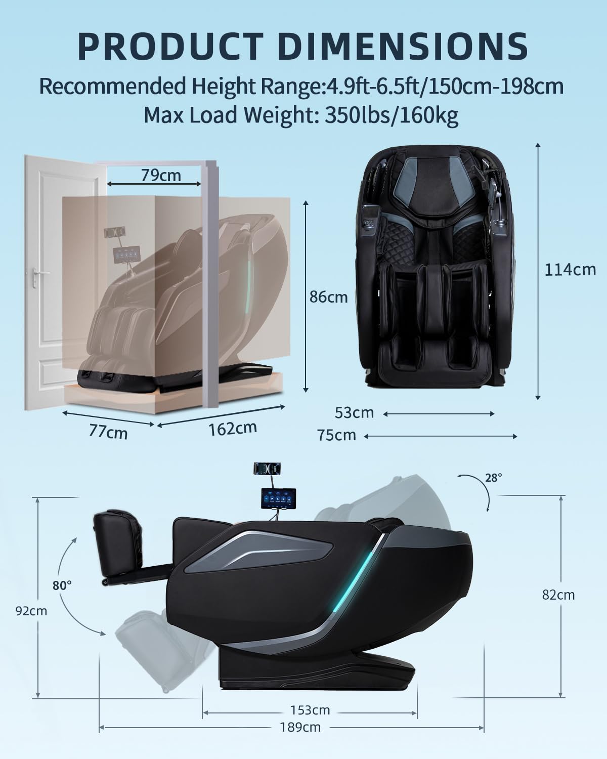 Ganzkörpermassagesessel Zero Gravity Body Scan 4D Shiatsu Massage Rücken Beinheizung AI Sprachsteuerung Bluetooth Lautsprecher SL Track Schwarz